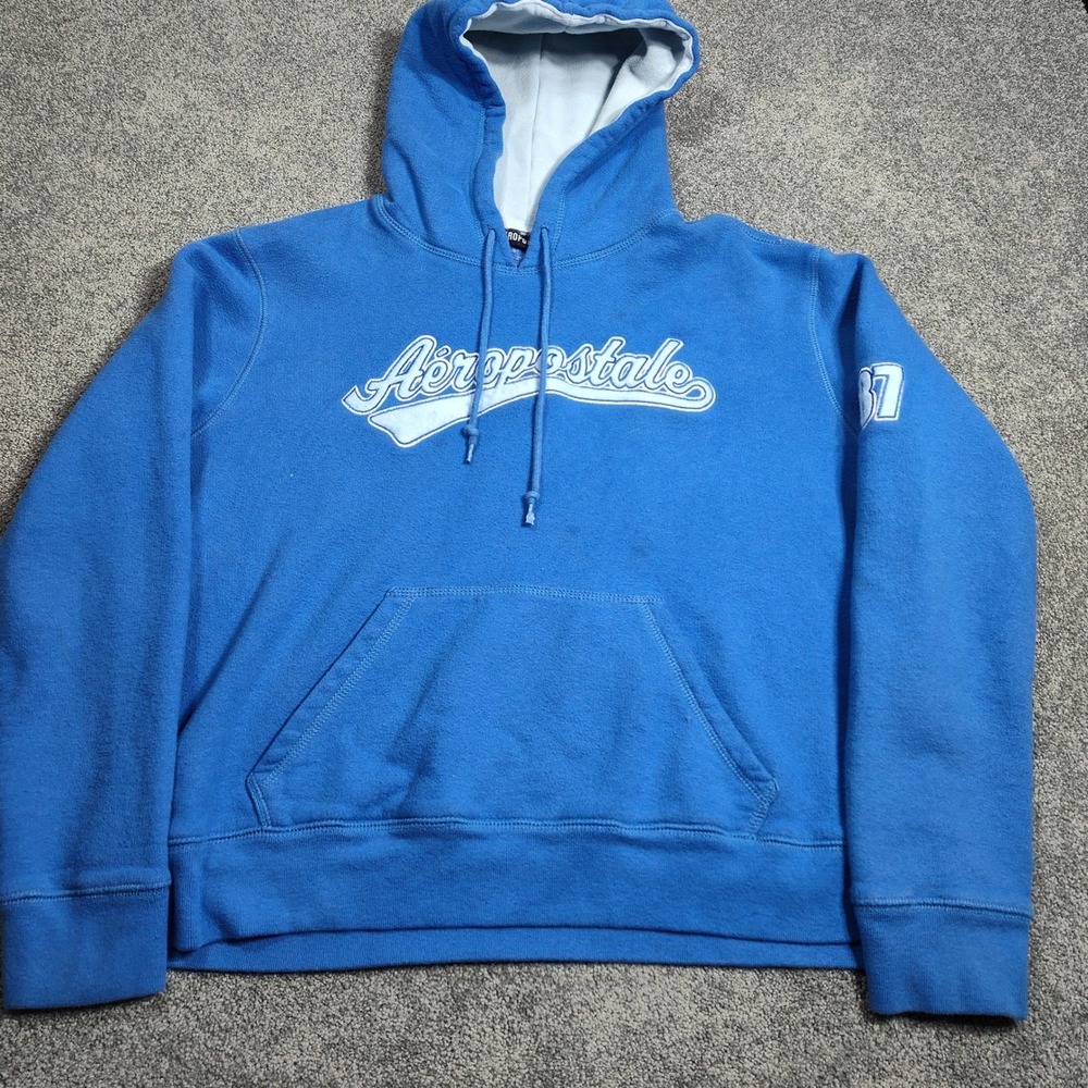 Aeropostale 87 Graphic Hoodie Men's Large Blue Pullover Sweatshirt